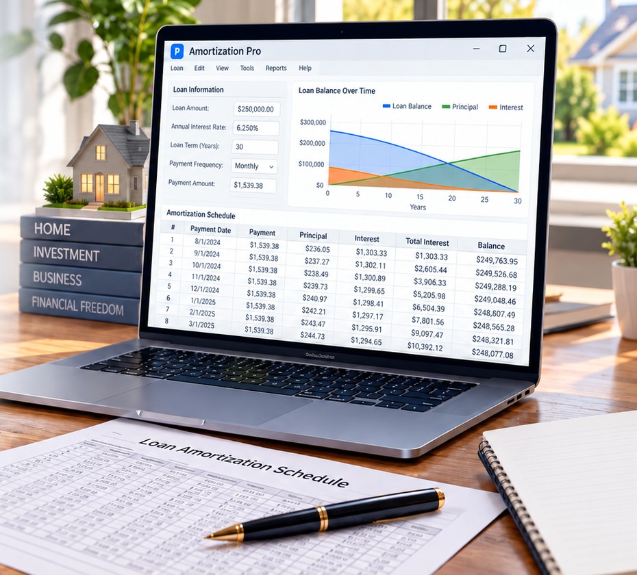 Amortization Pro loan software displayed on a laptop beside an amortization schedule, representing loan planning and repayment analysis