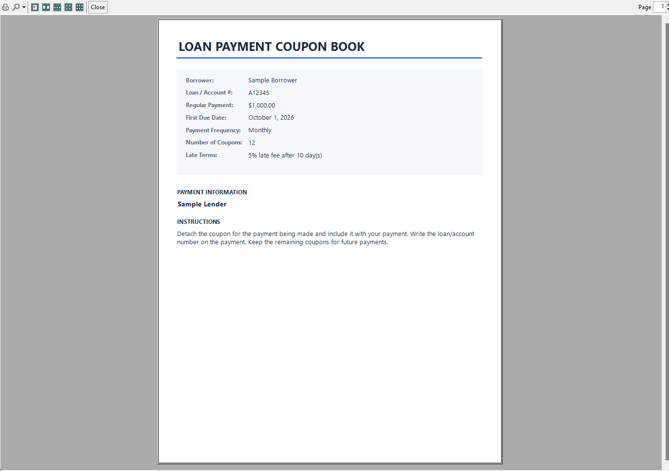Actual loan payment coupon book print preview