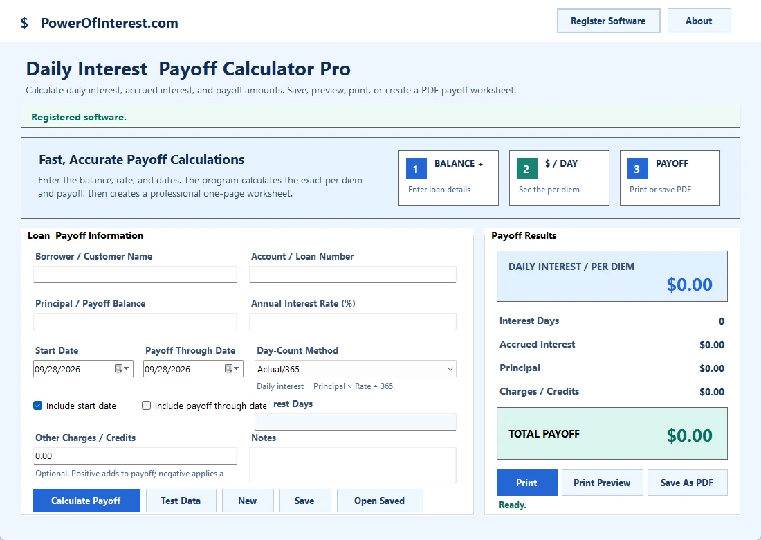 Daily Interest and Payoff Calculator Pro Windows software screen