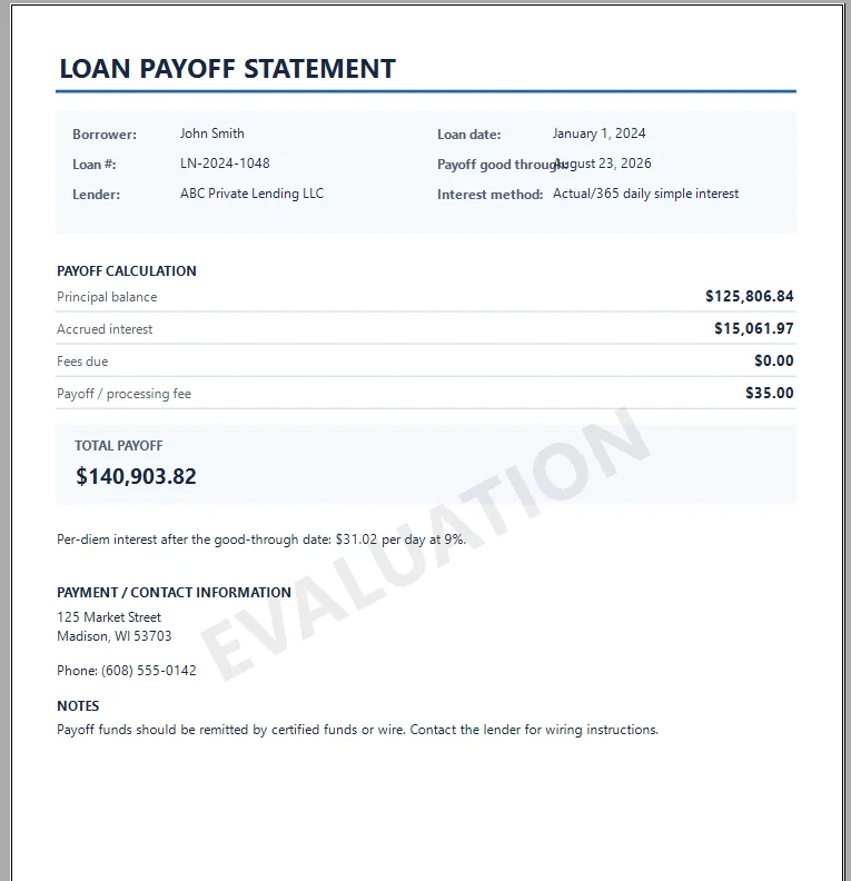 Payoff statement preview