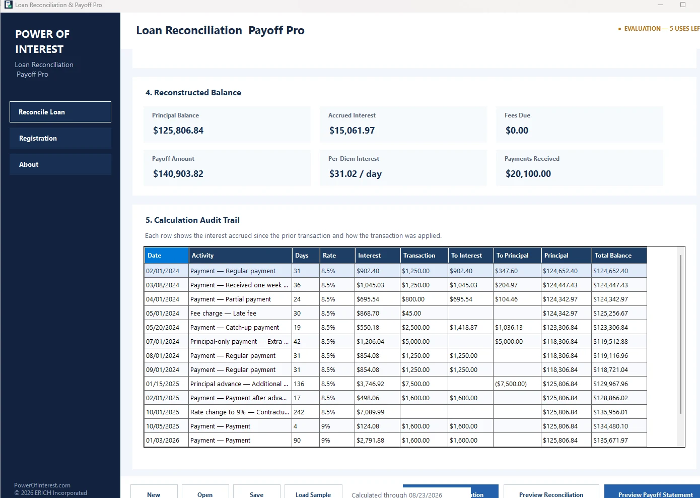 Actual Loan Reconciliation & Payoff Pro software screen