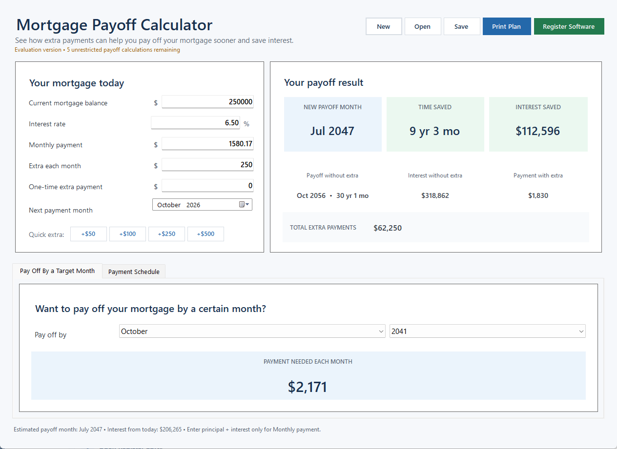 Actual Mortgage Payoff Calculator Windows software screen
