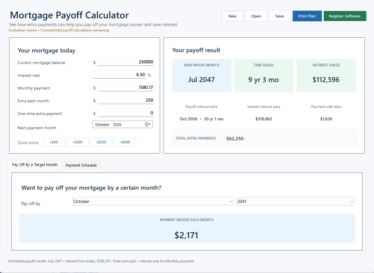 Mortgage Payoff Calculator Windows software screen
