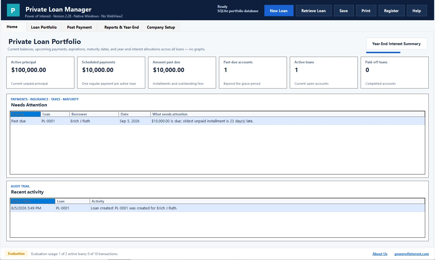 Private Loan Manager Windows dashboard with portfolio and payment tracking