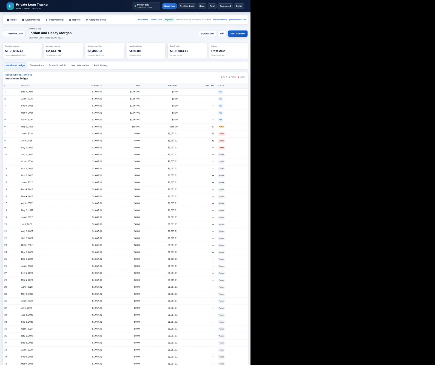 Private Loan Manager installment ledger showing scheduled, paid, remaining, days late, and status columns