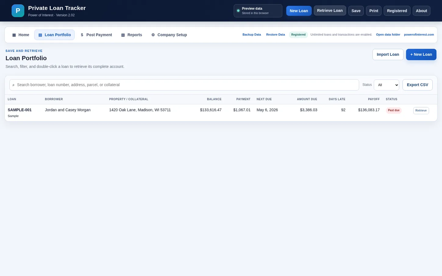Private Loan Manager loan portfolio screen showing borrower balances and past-due status