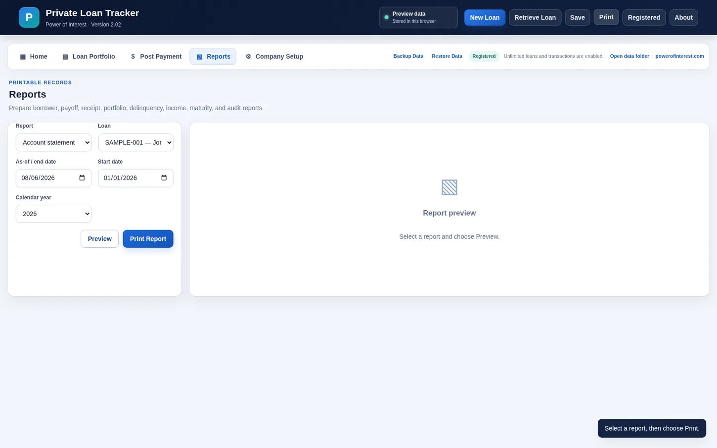 Private Loan Manager report selection and preview screen