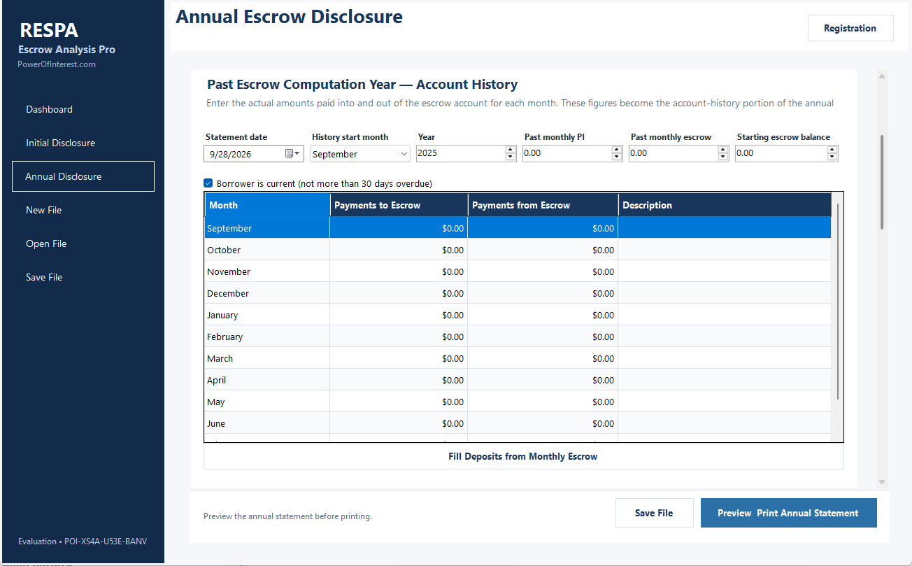 Actual RESPA Escrow Analysis Pro annual escrow disclosure screen