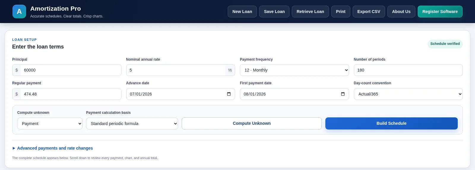 Amortization Pro loan terms and payment totals